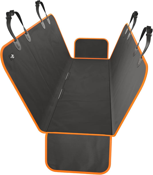 XL Waterproof Hammock Large Car Seat Cover, Fits Suvs Trucks Big Sedans, Secure Convertible Travel Bed Protects Backseat Cargo from Dog Puppy Pet Water Food Drool Urine, Black Orange Trim