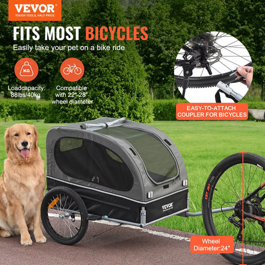 88 Lbs Dog Bike Trailer Pet Cart Bicycle Carrier with Wheels Coupler Reflectors Flag Collapsible to Store for Dogs